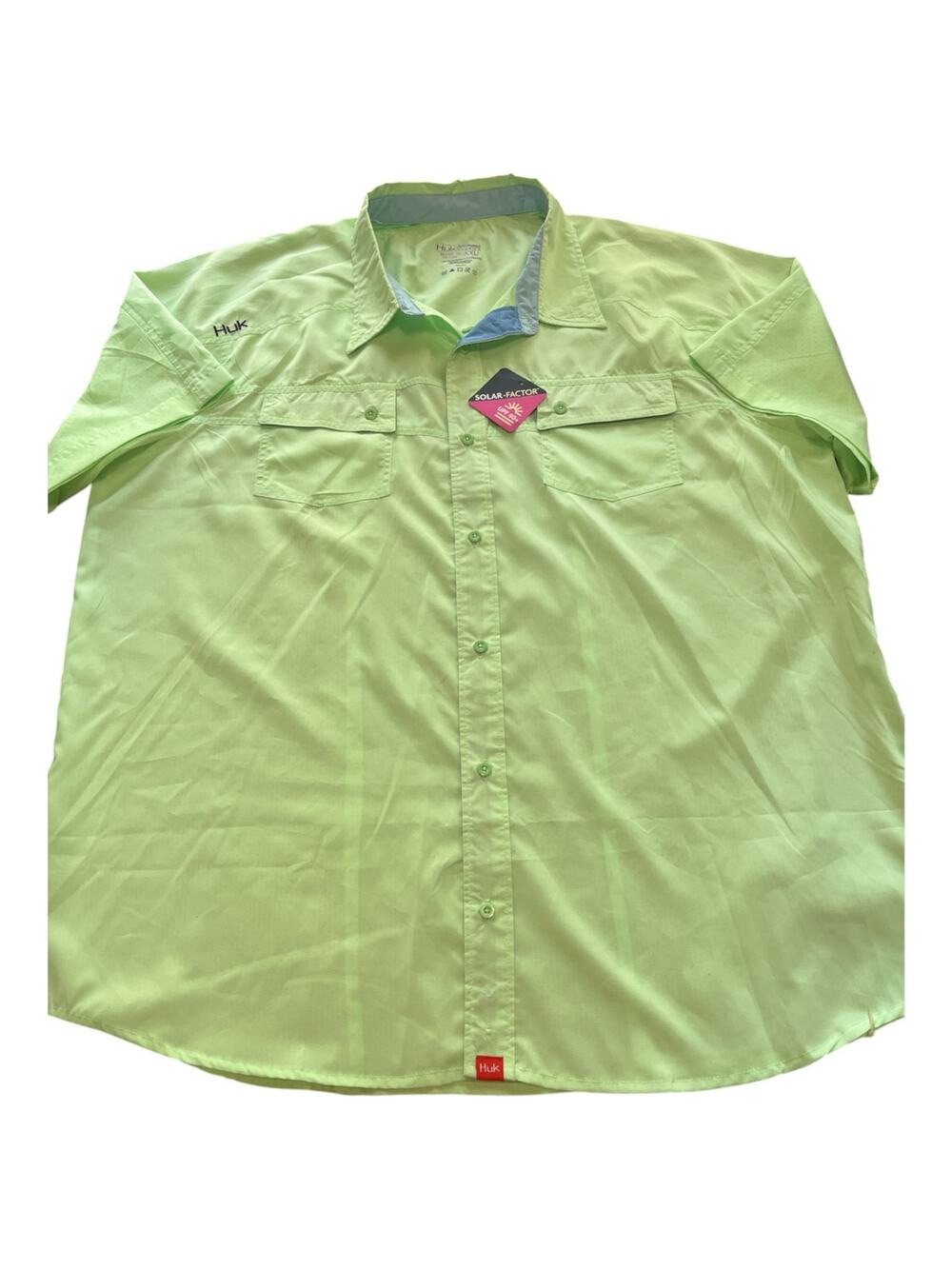 HUK Men Performance Fishing NEW HUK Shirt-2XL-
Lime Green-Button-S Sleeve-UPF-2